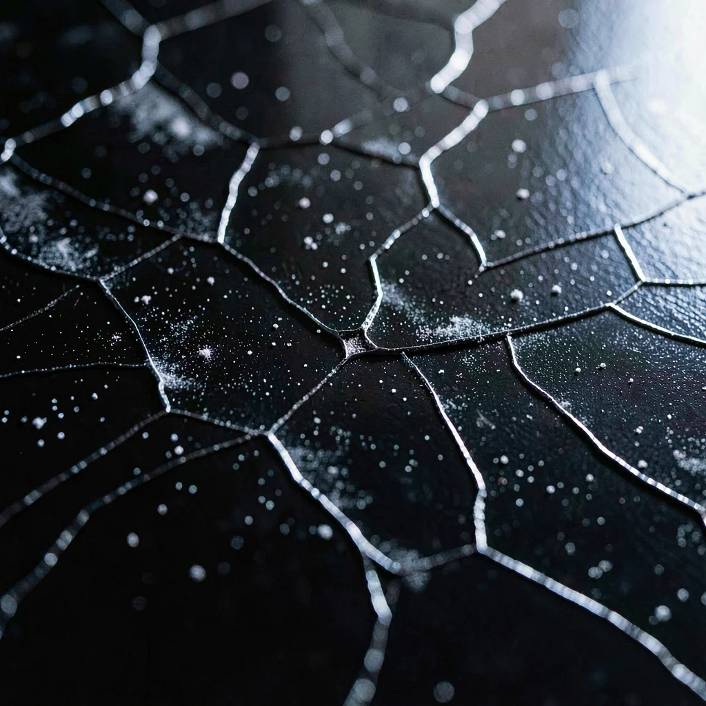 Mineral-cut close-up of a black lacquer surface with crackled finish and dust in
