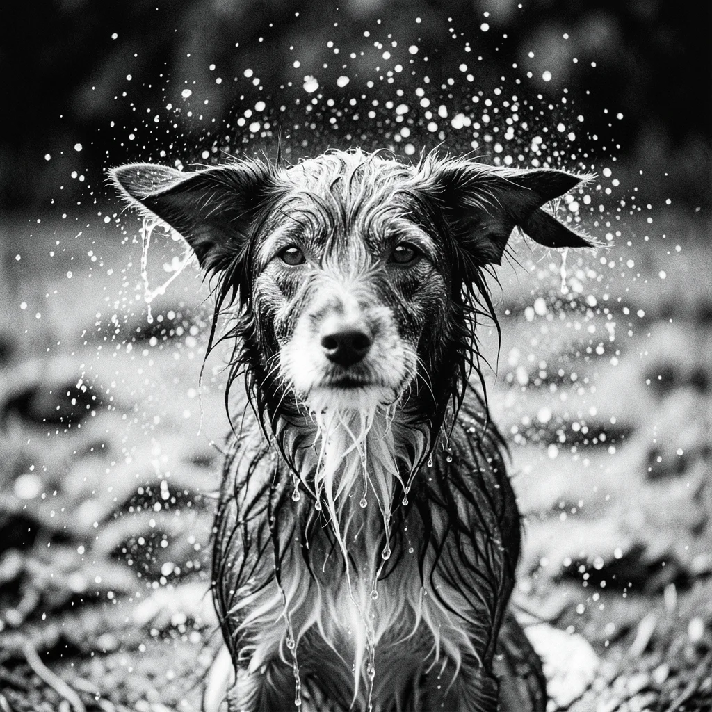A wet dog shaking water from its fur, droplets frozen mid-flight in a halo aroun