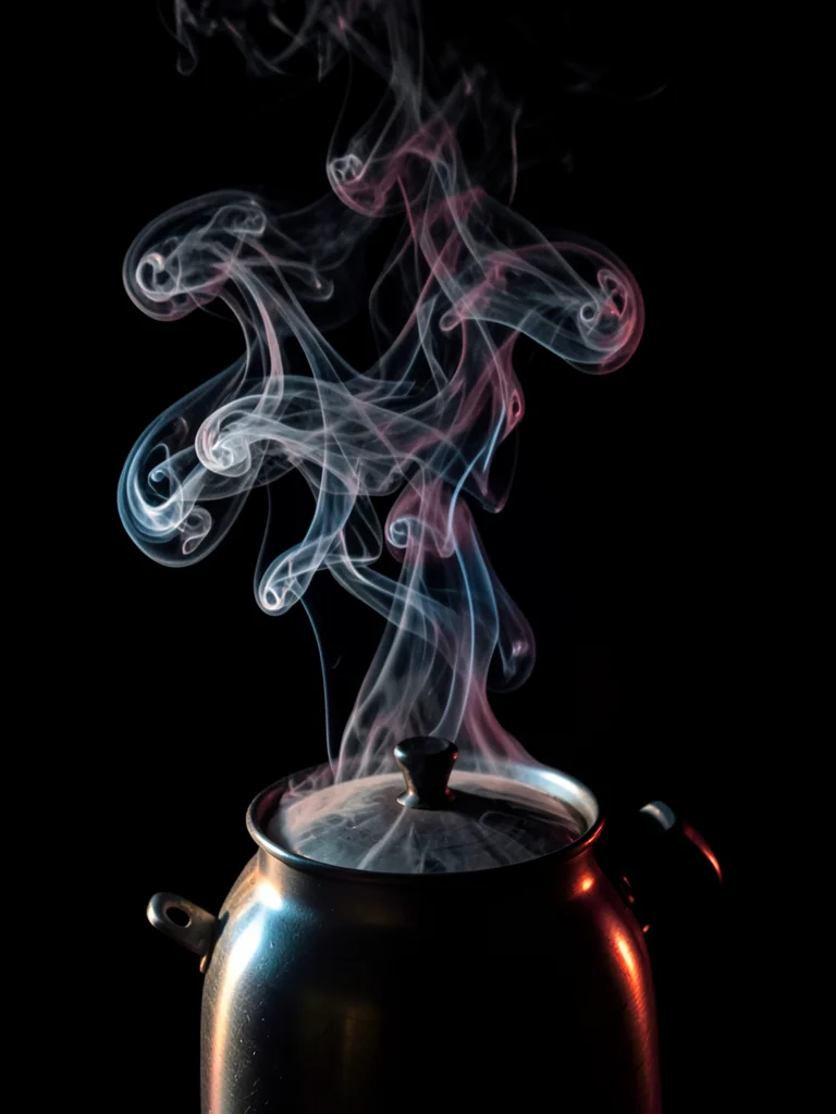 Steam from a kettle spout, backlit to show the turbulent convection cells, the t