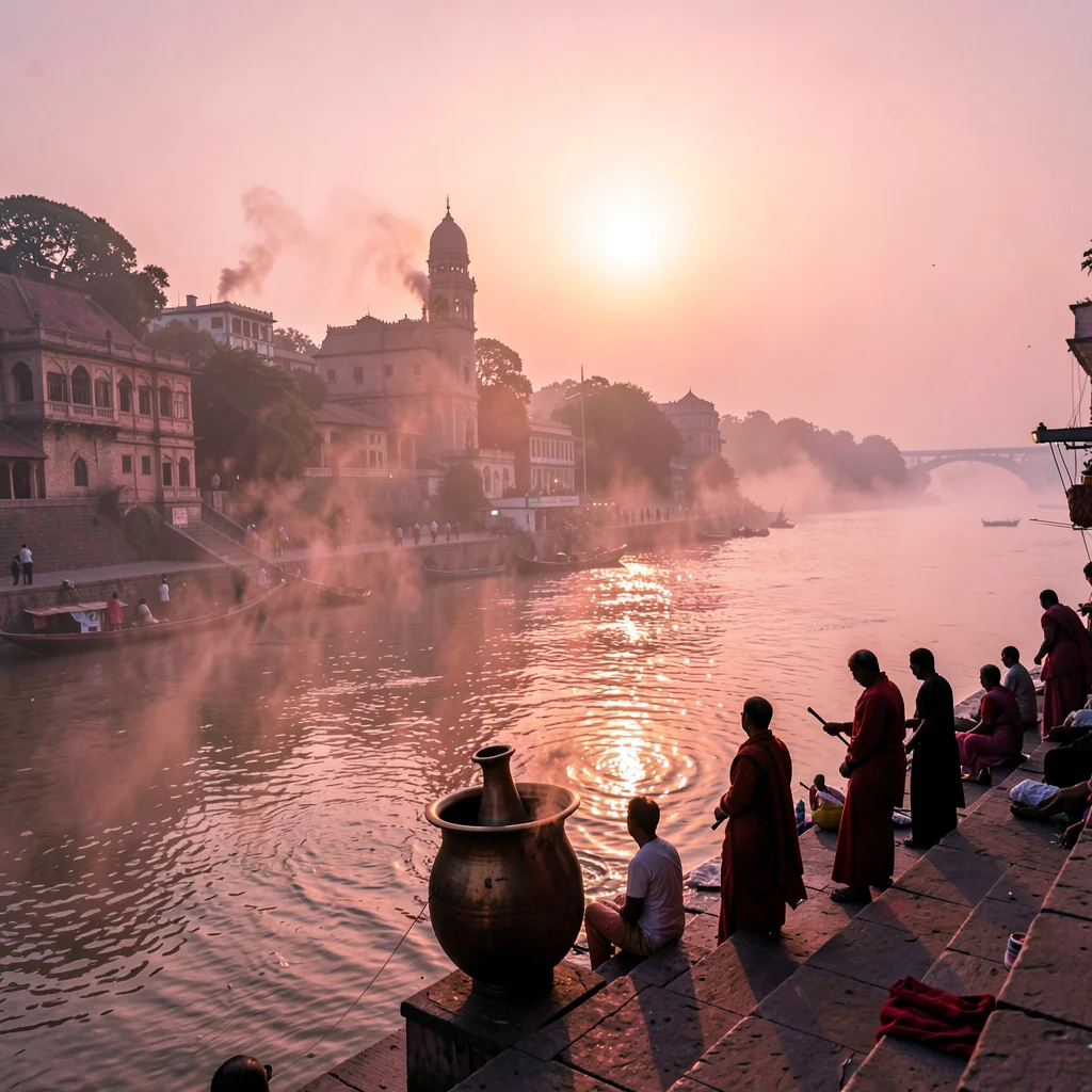 Varanasi ghat dawn, Ganges pink-gold light, brass water pot silhouetted against 