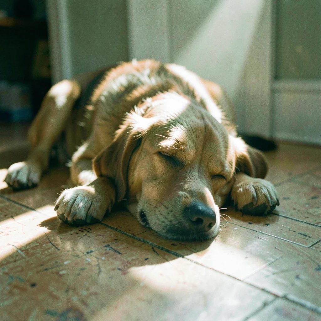 Dog sleeping in a sunbeam on worn linoleum, focus so soft the scene could be a d