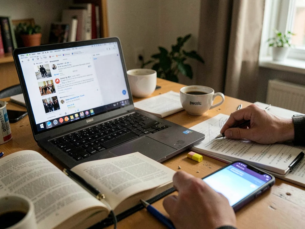 Open book face-down beside laptop showing social media feed, highlighter cap mis