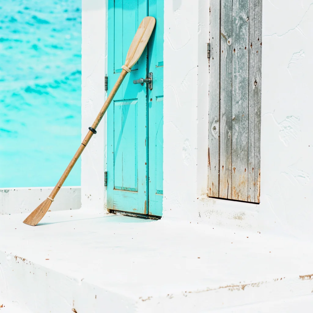 Expansive turquoise negative space, bleached whites, An outrigger canoe paddle l