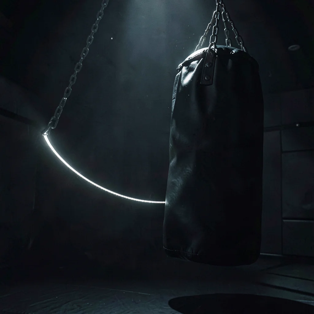 Nocturnal photo of a heavy bag swinging with a hard rim light tracing its arc, d