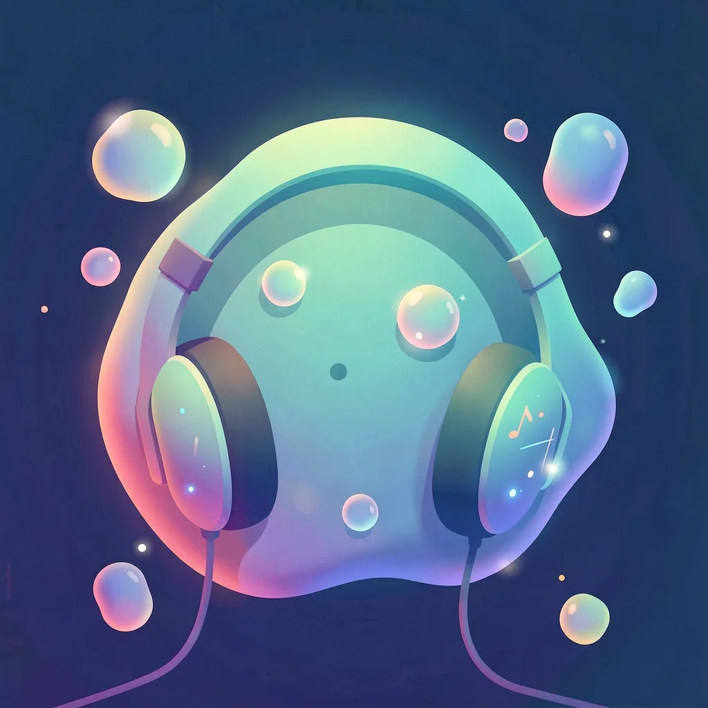 Organic blob gradient illustration, headphones with music visualization orbs , s