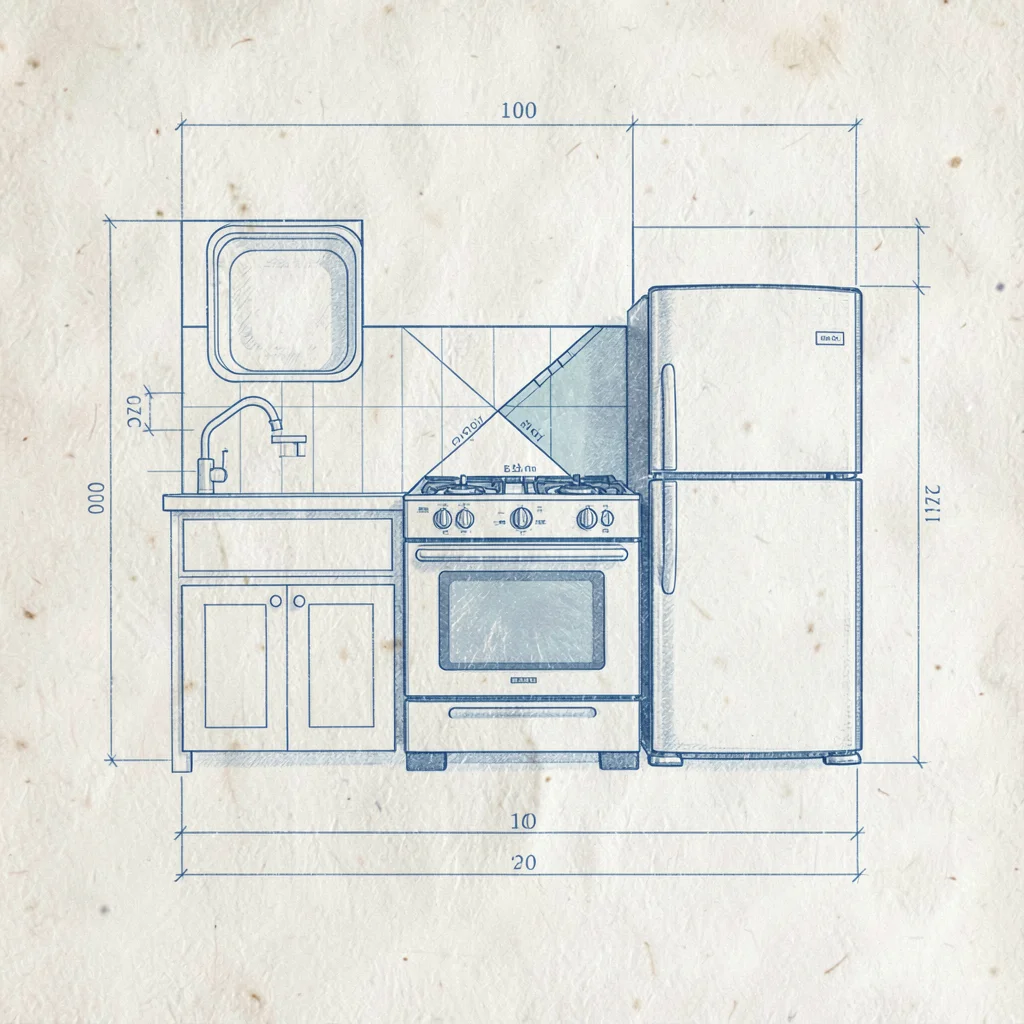 Architectural plan view of a kitchen work triangle drawn between sink, range and