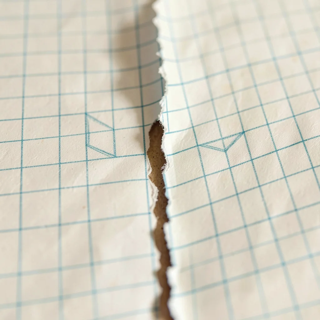 Close macro of a sheet of pale-blue gridded planning paper torn down the middle,