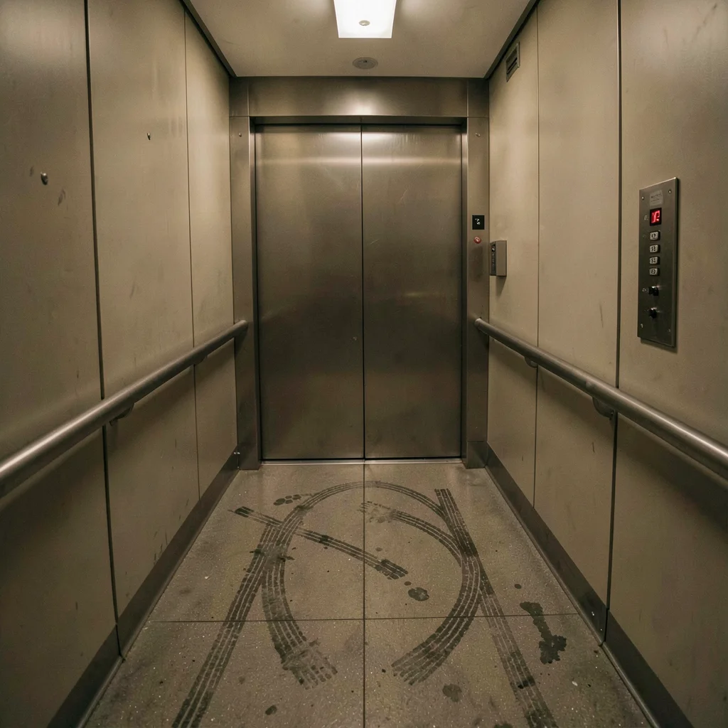 Hospital elevator interior with gurney wheel marks on floor