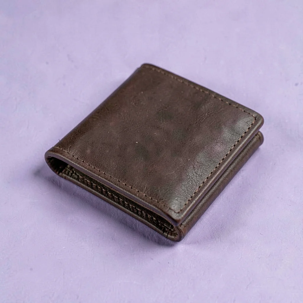 folded leather card wallet in deep cognac at three-quarter angle on a soft lilac