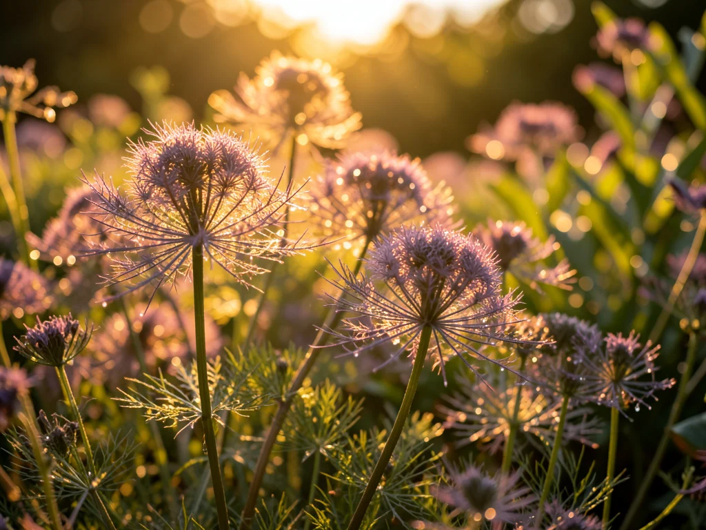 Bronze fennel's feathery purple-tinged fronds catching golden backlight, creatin