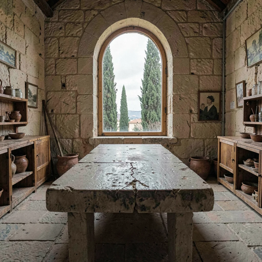 inside a Lebanese mountain monastery refectory at overcast noon, long stone tabl