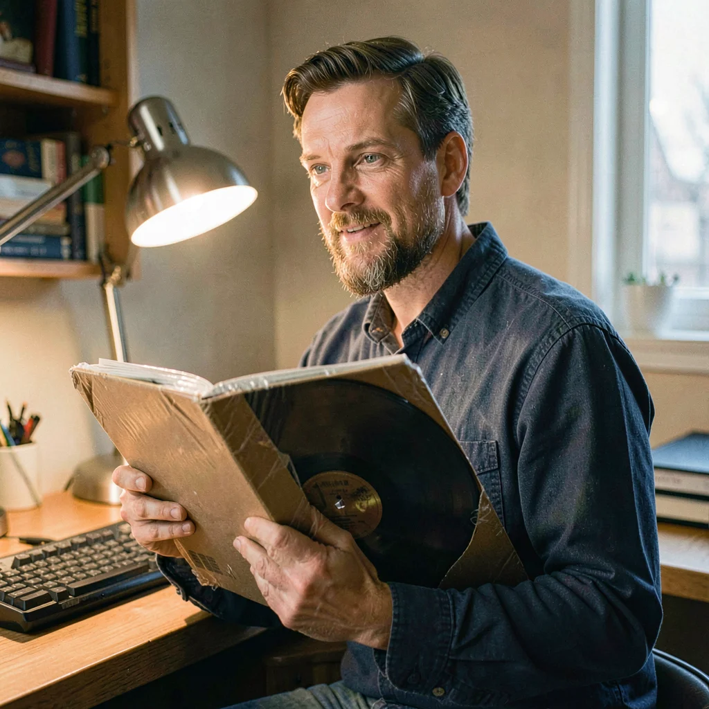 Three-quarter portrait of a packer holding a wrapped LP under a desk lamp, soft 