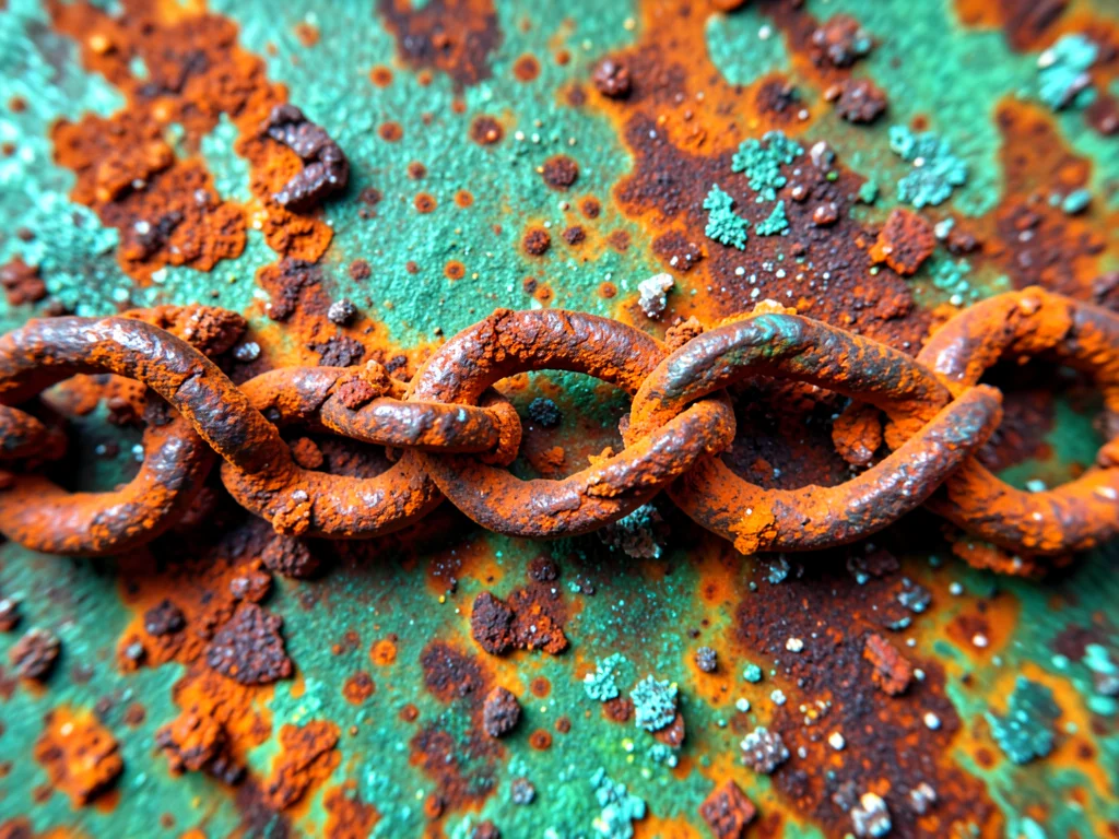 Iron chain links rusted together, individual links fused by corrosion into a sol