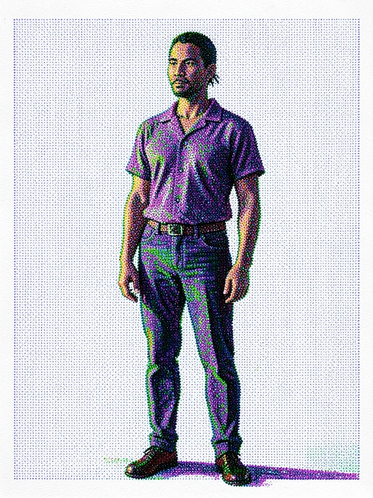 Standing figure in full afternoon light, shadow side a vibrating array of violet