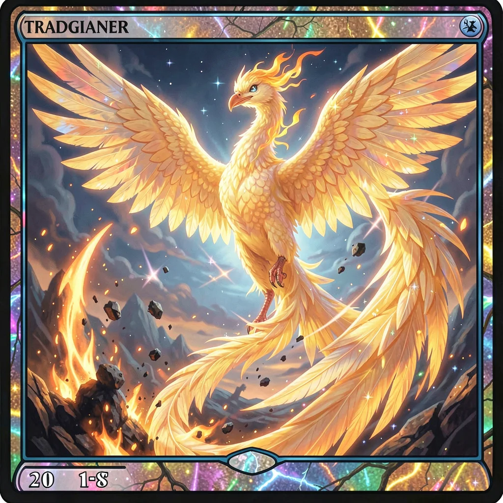 Trading card game illustration, an ethereal phoenix rebirth moment, fire and ash