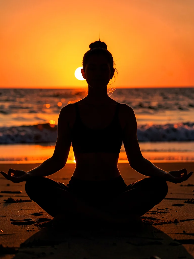 Person in lotus position on beach at sunrise, entire form defined only by edge l
