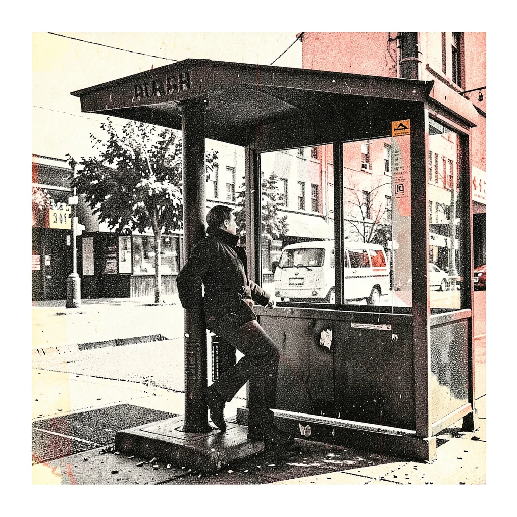 Risograph-style illustration, person at bus stop , spot color layer simulation, 