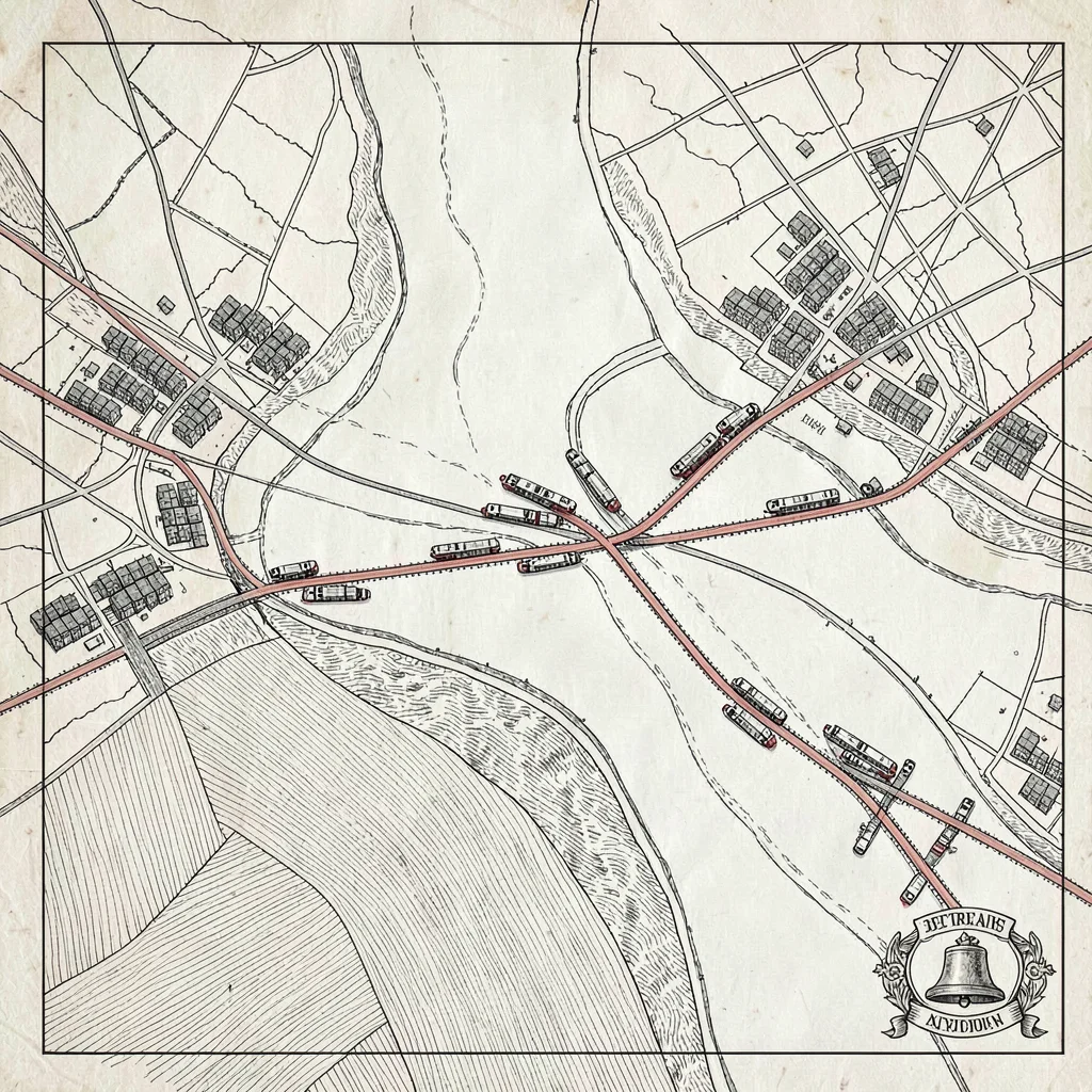 A regional river-ferry network map with ferry routes crossing a wide river, port