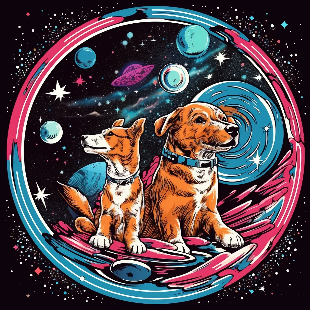 Swirling galaxy rocket 50s retro design passing rogue