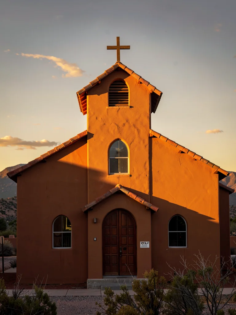 Adobe church in New Mexico light, walls turned pumpkin orange, shadows gone purp