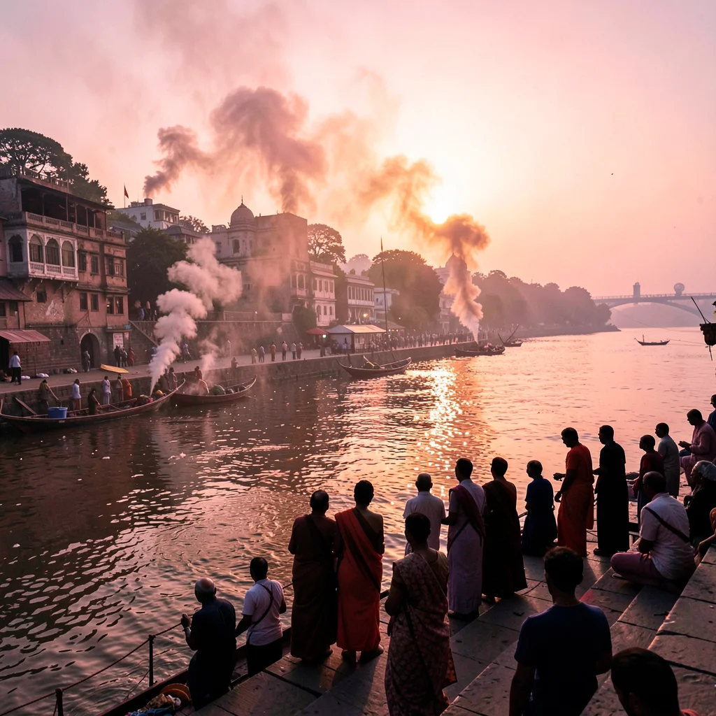 Varanasi ghat dawn, Ganges pink-gold light, cremation smoke rising, silhouettes 