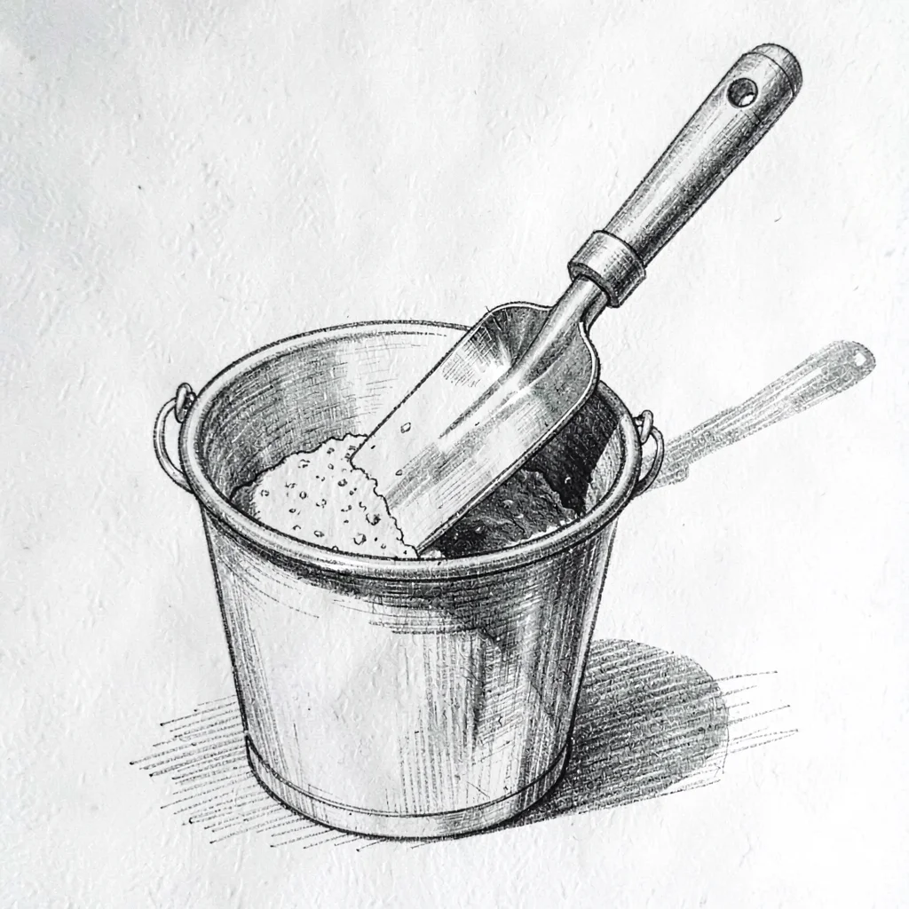 Pen-and-ink study of a margin trowel digging into a bucket of thinset, loose han
