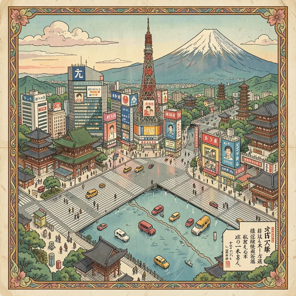 Illustrated map illustration, Tokyo with Shibuya crossing, temples, and Mt Fuji 