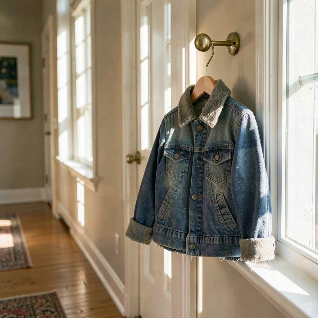 Hero-alt of a child's coat hung on a brass peg in a sunlit hallway