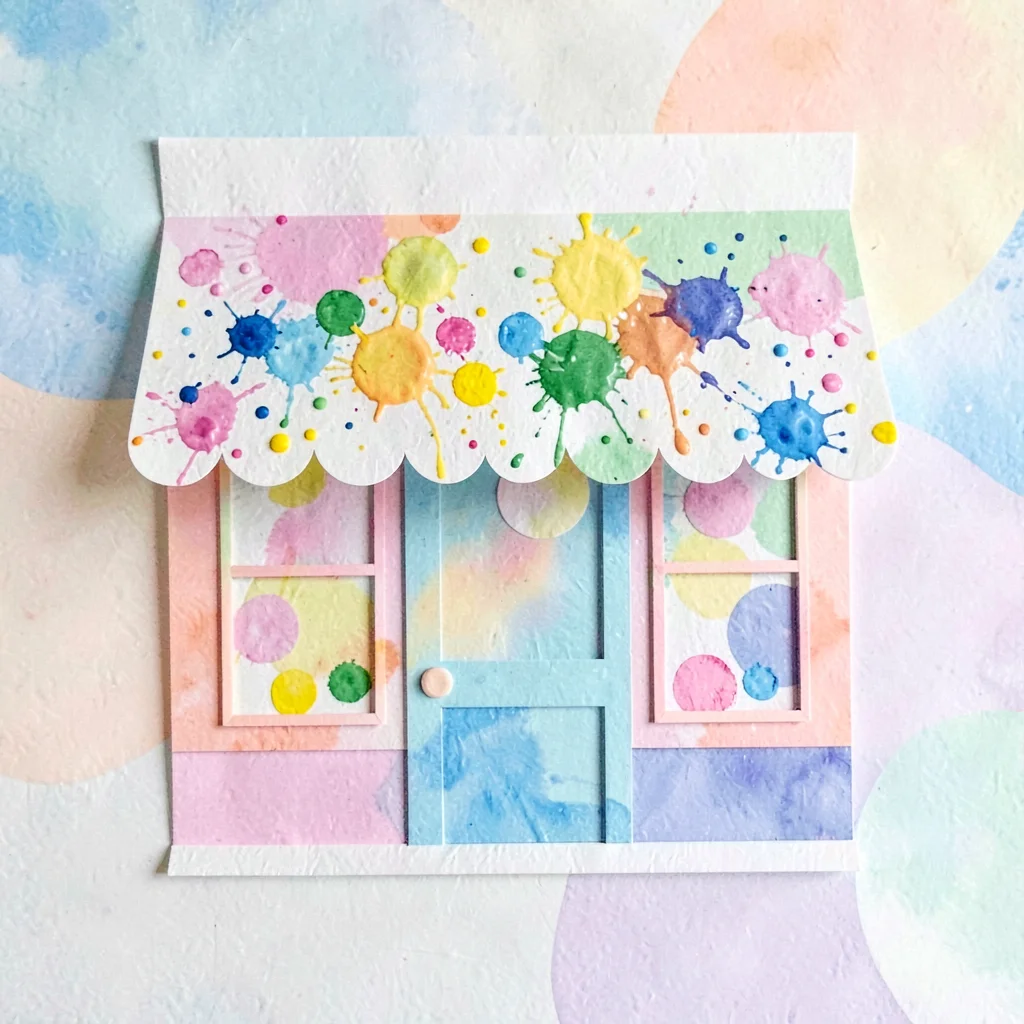 Playful cut-paper scene of an art-studio storefront with paint-splatter awning, 