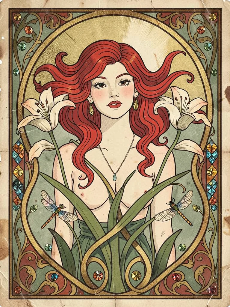 Art Nouveau woman with lilies and dragonflies