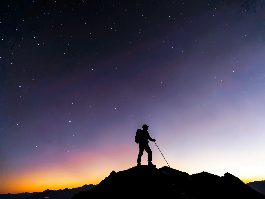 Single climber silhouette against the color zones of thinning atmosphere