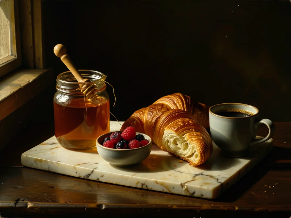 A still life of breakfast items arranged on a worn marble pastry slab — a jar of