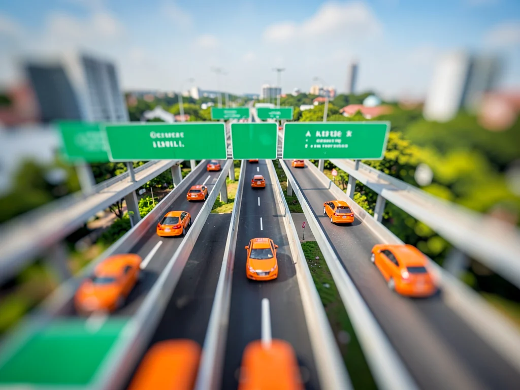 Modern overpass tilt-shift photograph from drone altitude, saturated emerald roo