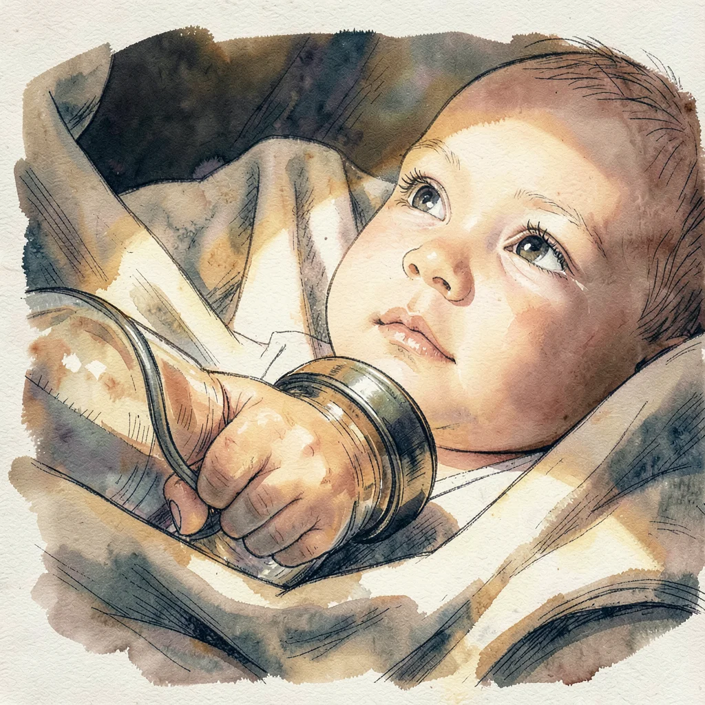 Cropped portrait of a baby's small hand resting on a bottle, blanket folds