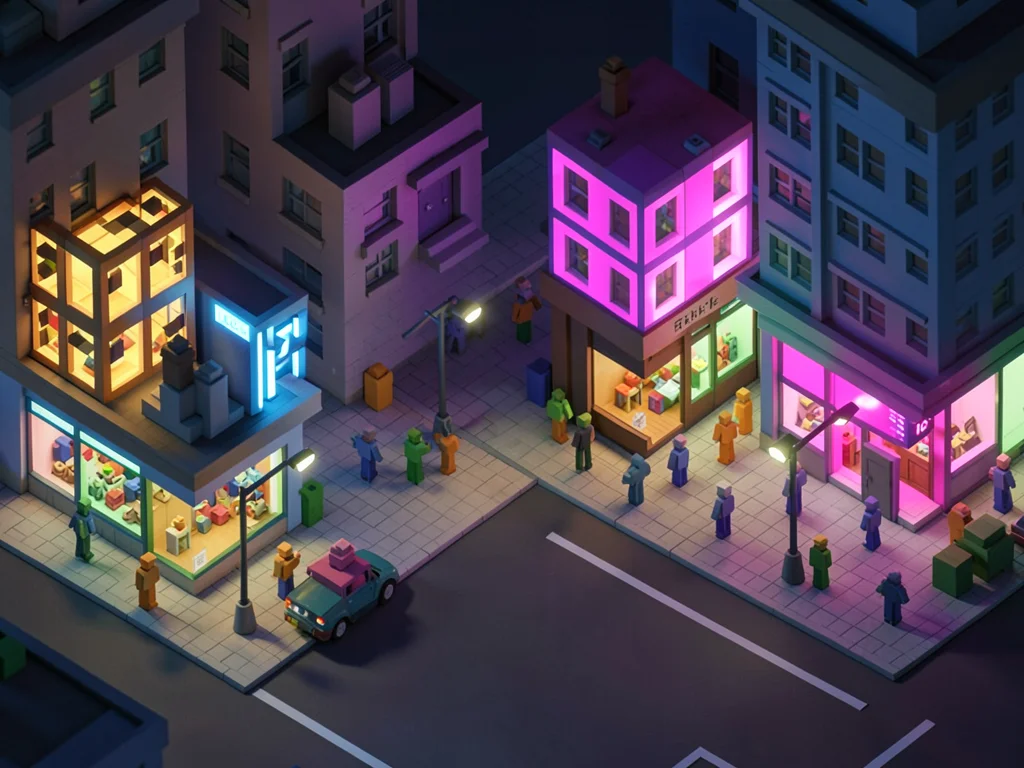 A downtown intersection at night with neon-colored cube storefronts, streetlight