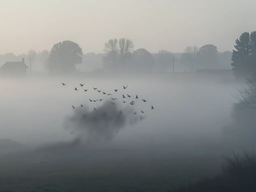 A flock of birds emerging from fog, the nearest birds detailed, the flock dissol