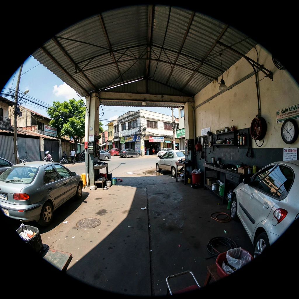 Harsh equatorial noon light casting deep shadows, Auto mechanic workshop open to