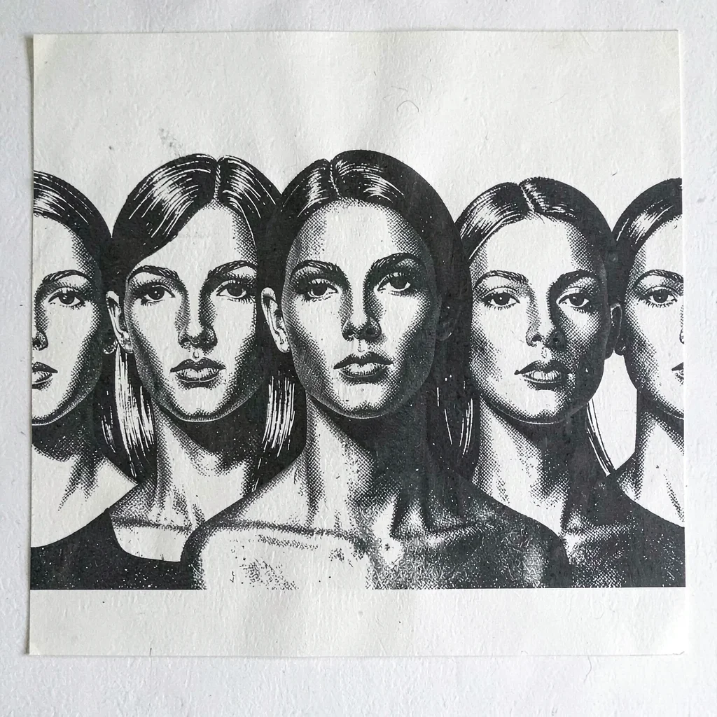 Screenprint workshop poster of a row of mannequin heads in graphic layout, three