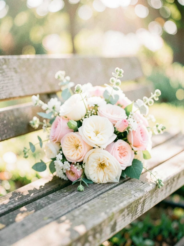 Wedding bouquet on a wooden bench
