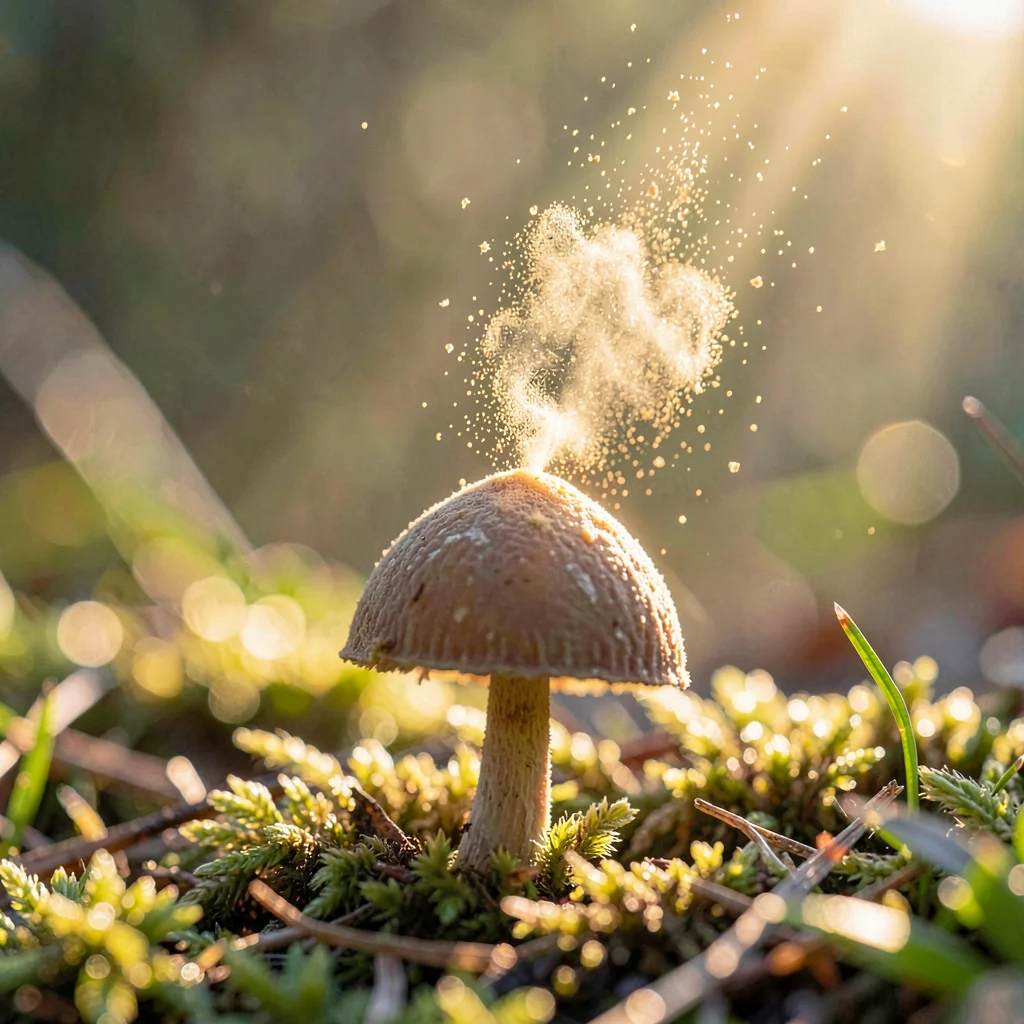 A tiny domed spore-cap mid-burst, a faint puff of golden powder lifting from its