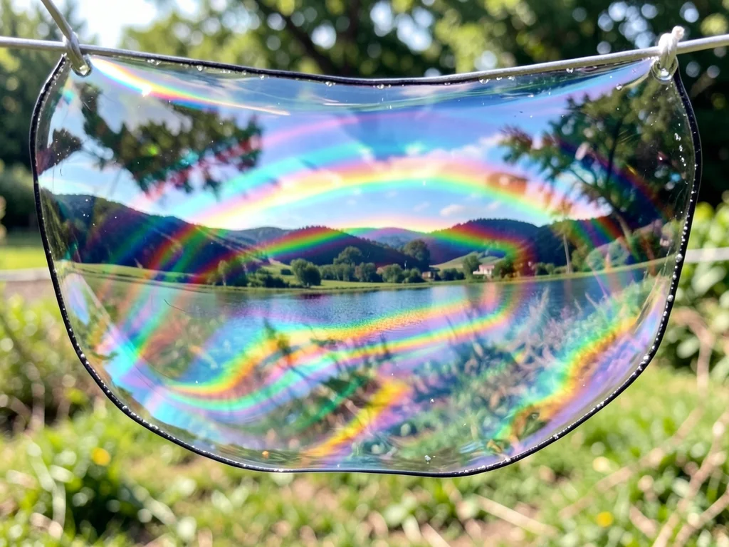 Giant soap film stretched across a two-meter wire frame outdoors, real landscape