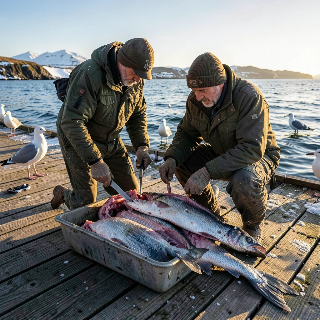 Tasmanian angular sub-Antarctic light, extreme raking shadows, Fisherman gutting