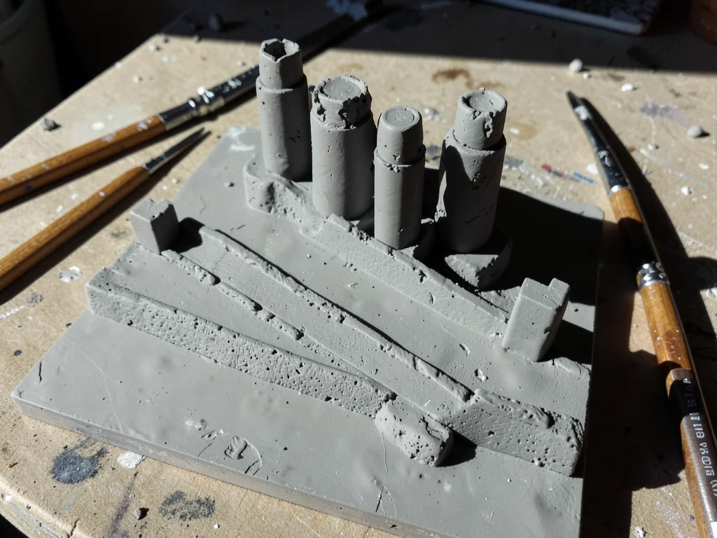 Half-finished clay model of a fortress hilltown on a sloped board, lower terrace