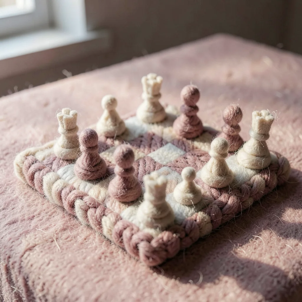Chess board in chunky knit with felted pieces mid-game on a dusty rose wool surf