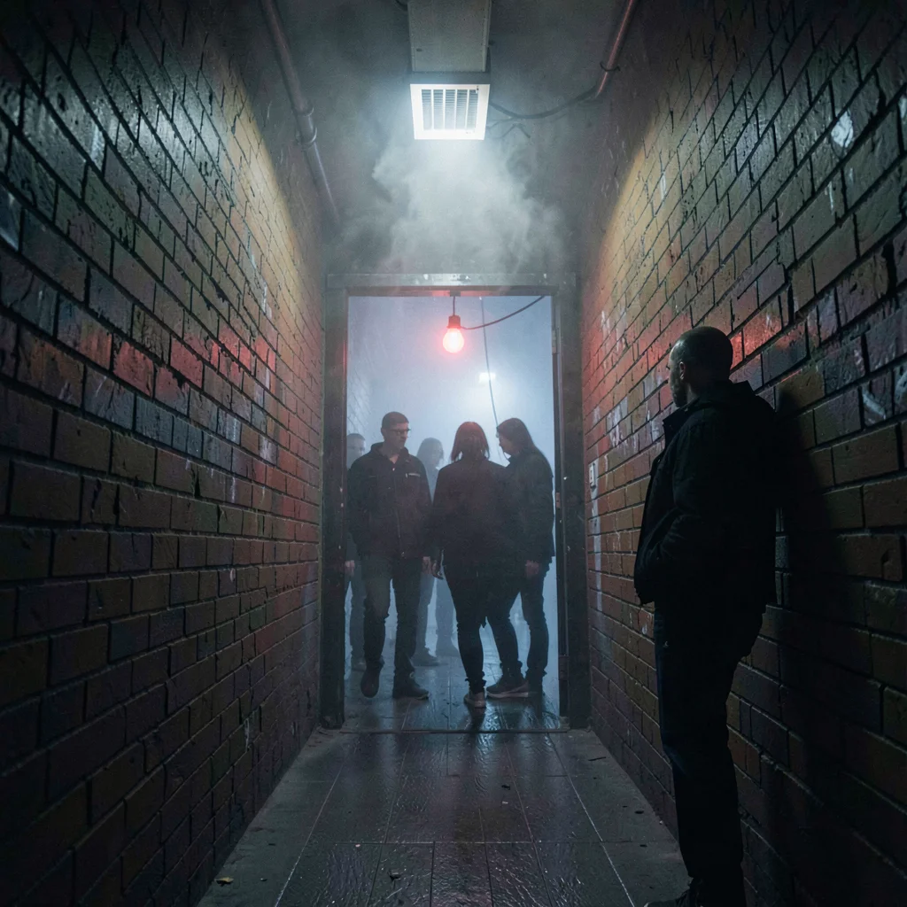 Narrow techno-club doorway with a single red bulb, dark figures queueing along a