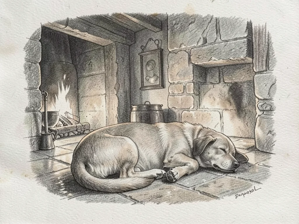 Dog by the fireplace
