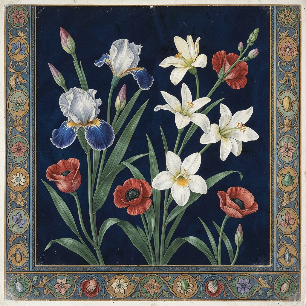 Close-up of a floral border — irises, narcissi, and poppies in minute rendered d