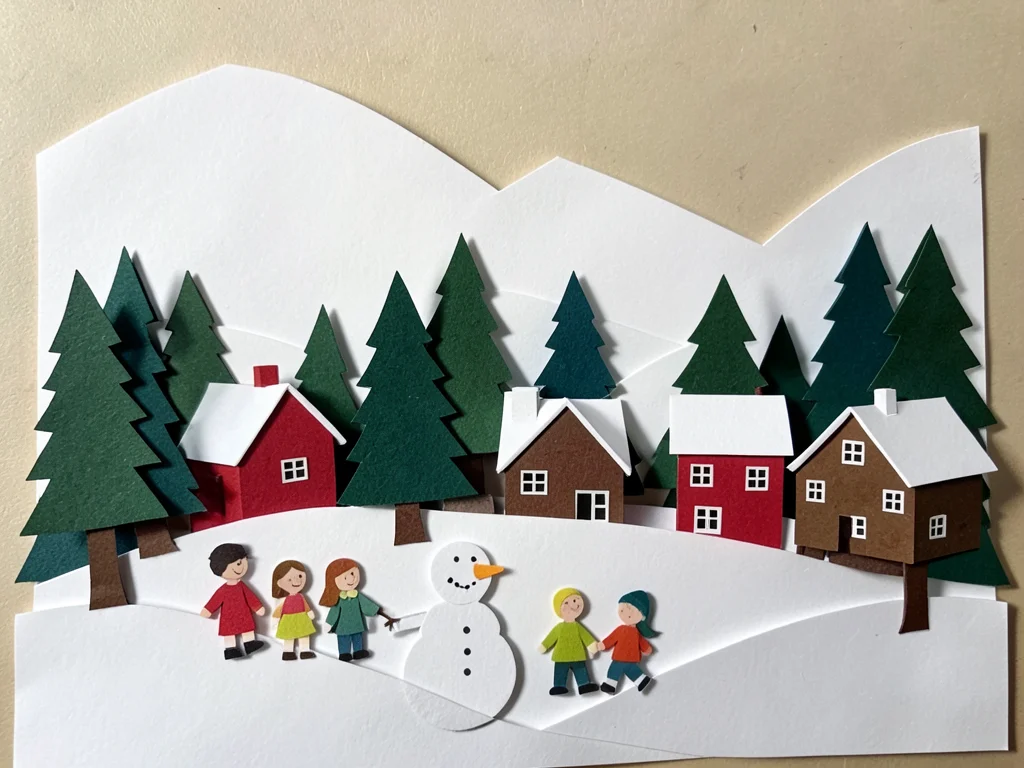 A winter village: white snow hills behind, evergreen trees in dark green, red an