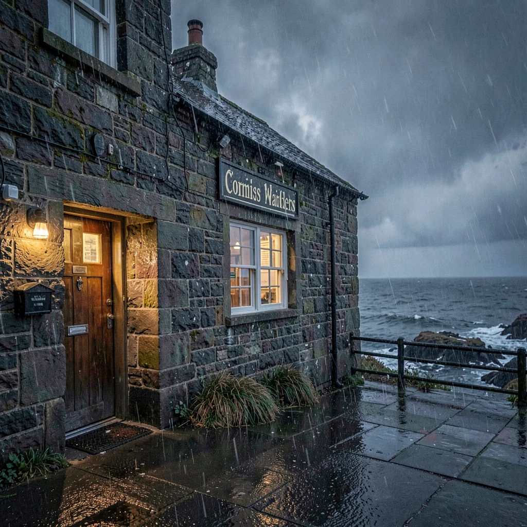 a Cornish smugglers' inn at storm dusk, granite walls battered by rain, a low do
