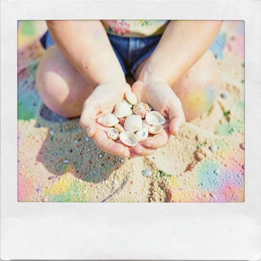 Expired Polaroid instant film photograph, Child's hands holding collection of se